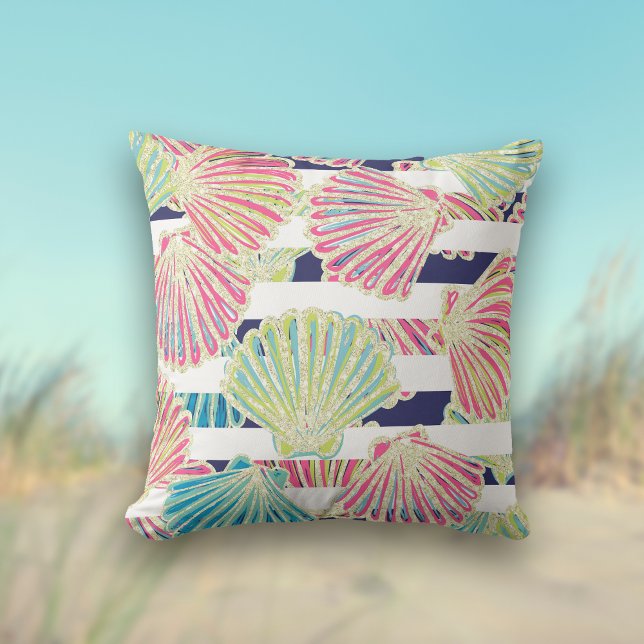 Elegant Faux Glitter Seashells on Stripes Cushion (Creator Uploaded)