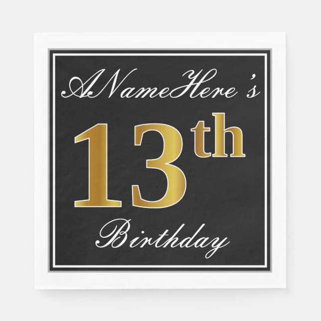 Elegant, Faux Gold 13th Birthday + Custom Name Napkin (Front)