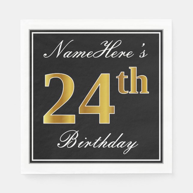 Elegant, Faux Gold 24th Birthday + Custom Name Napkin (Front)