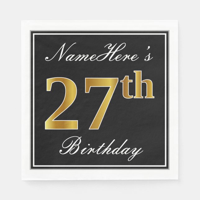Elegant, Faux Gold 27th Birthday + Custom Name Napkin (Front)