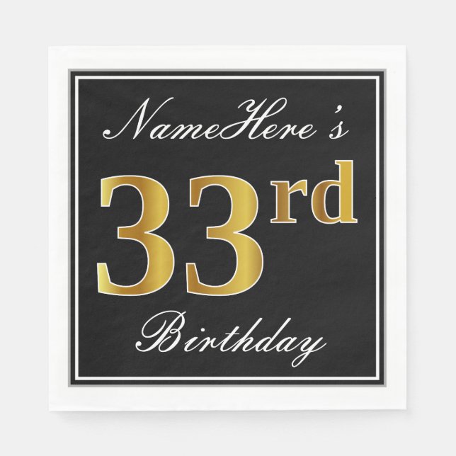Elegant, Faux Gold 33rd Birthday + Custom Name Napkin (Front)