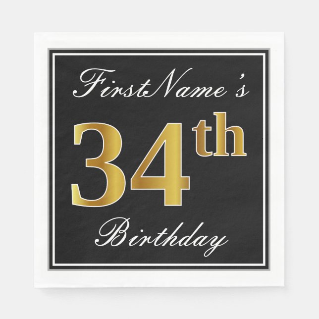 Elegant, Faux Gold 34th Birthday + Custom Name Napkin (Front)