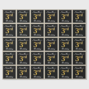 Elegant, Faux Gold 3rd Birthday + Custom Name Wrapping Paper