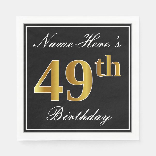 Elegant, Faux Gold 49th Birthday + Custom Name Napkin (Front)