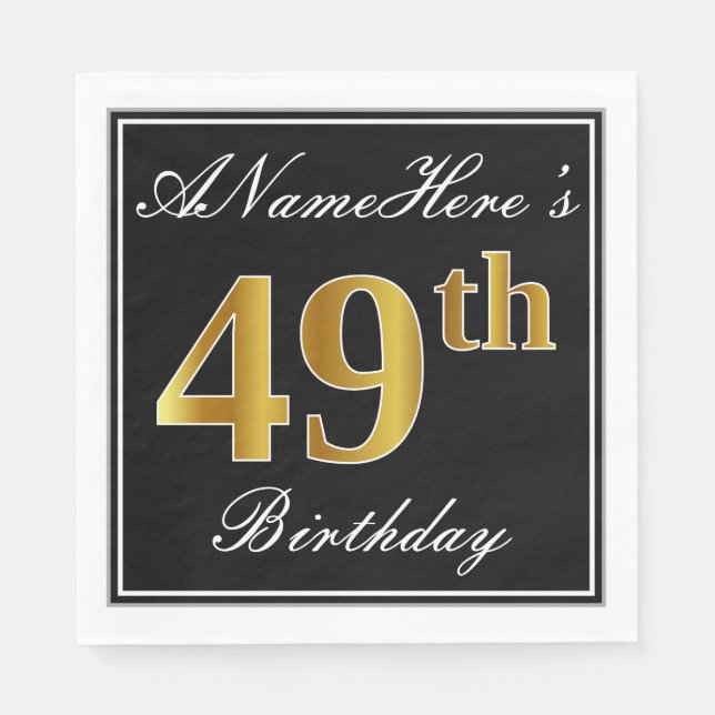 Elegant, Faux Gold 49th Birthday + Custom Name Napkin (Front)