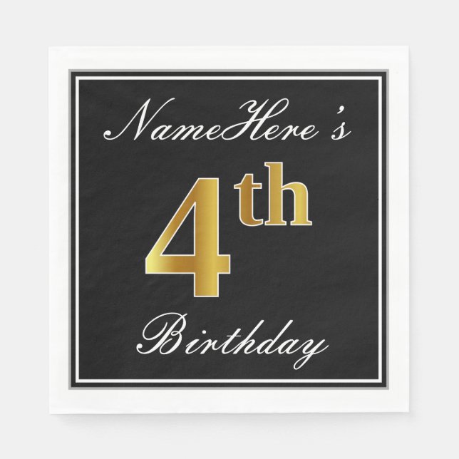 Elegant, Faux Gold 4th Birthday + Custom Name Napkin (Front)