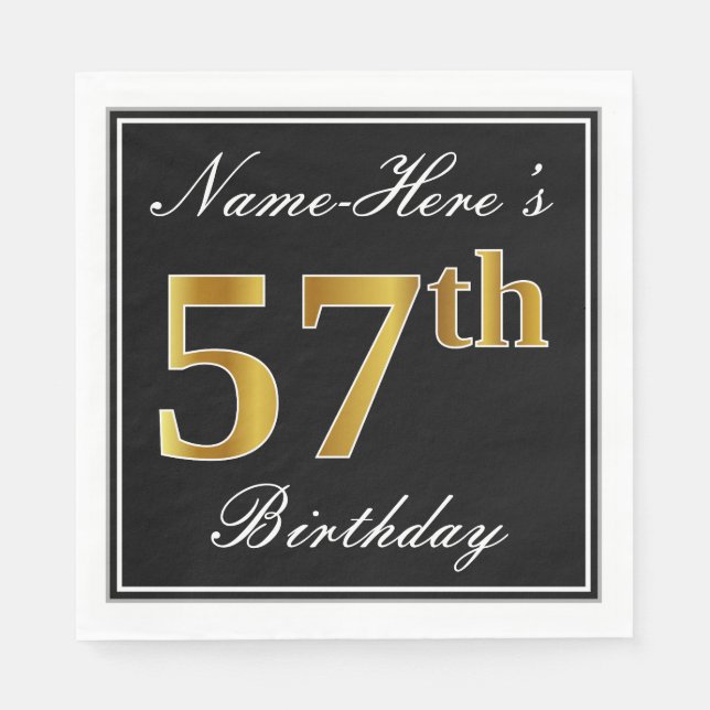 Elegant, Faux Gold 57th Birthday + Custom Name Napkin (Front)