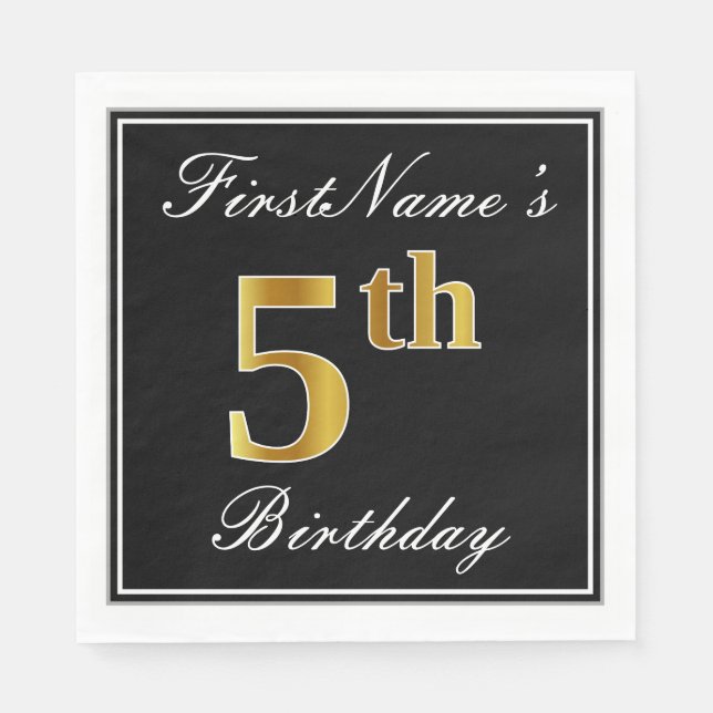 Elegant, Faux Gold 5th Birthday + Custom Name Napkin (Front)