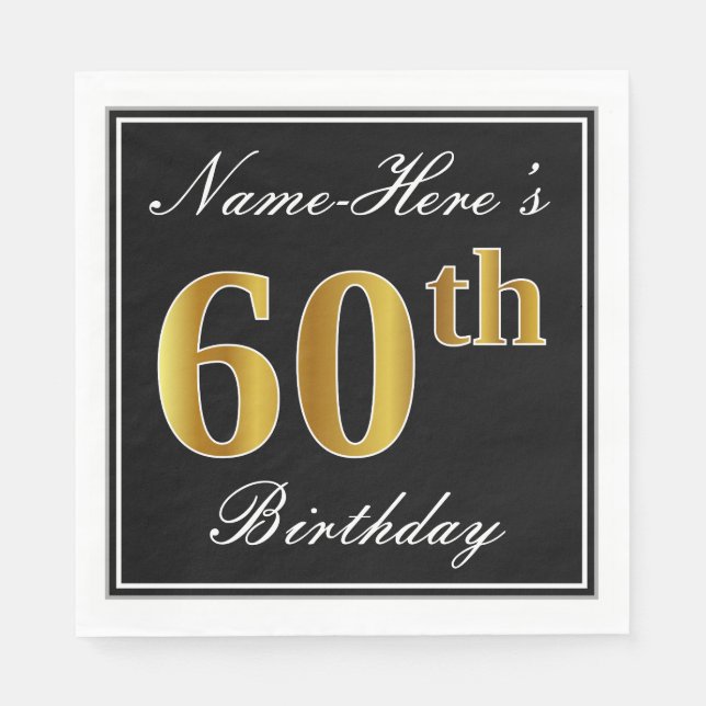 Elegant, Faux Gold 60th Birthday + Custom Name Napkin (Front)
