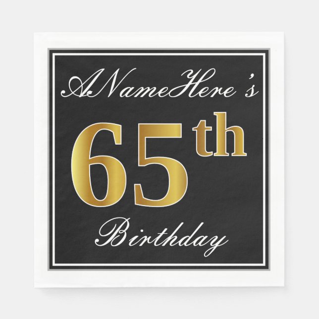 Elegant, Faux Gold 65th Birthday + Custom Name Napkin (Front)