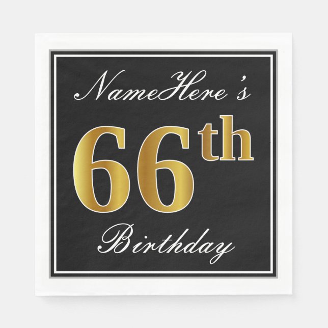 Elegant, Faux Gold 66th Birthday + Custom Name Napkin (Front)