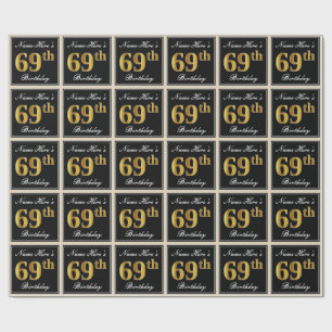 Elegant, Faux Gold 69th Birthday + Custom Name Wrapping Paper