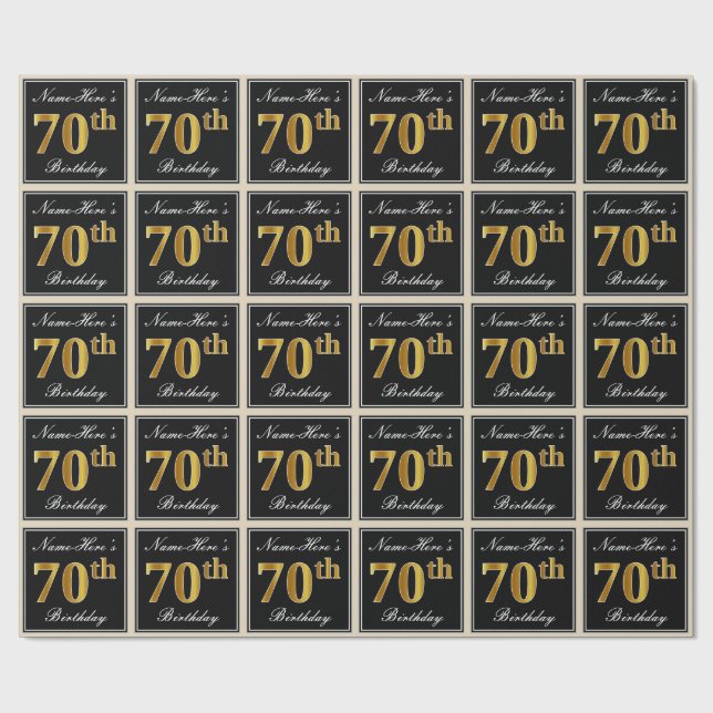 Elegant, Faux Gold 70th Birthday + Custom Name Wrapping Paper (Flat)
