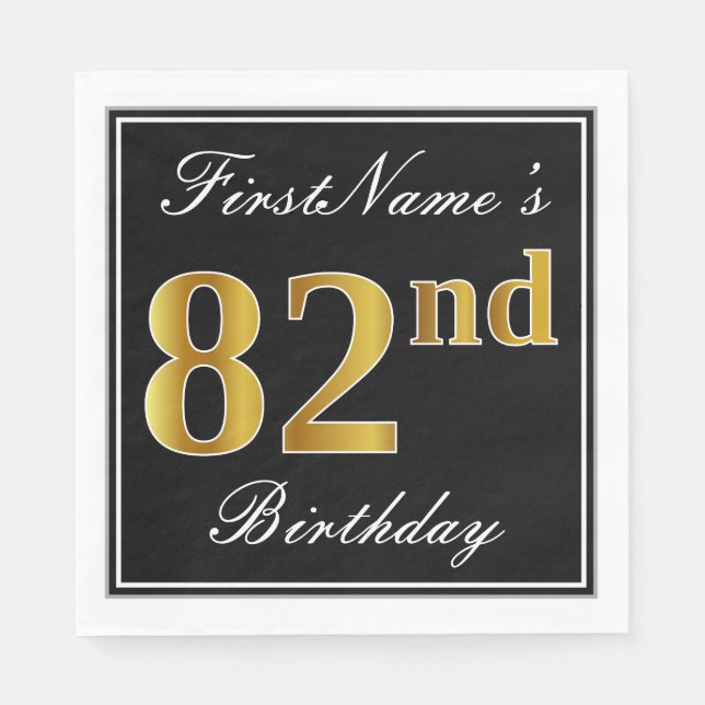 Elegant, Faux Gold 82nd Birthday + Custom Name Napkin (Front)