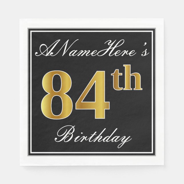 Elegant, Faux Gold 84th Birthday + Custom Name Napkin (Front)