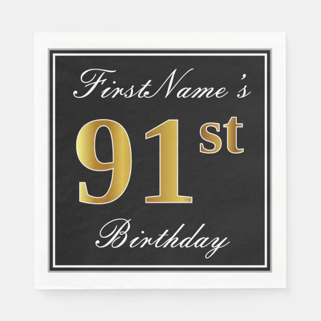 Elegant, Faux Gold 91st Birthday + Custom Name Napkin (Front)