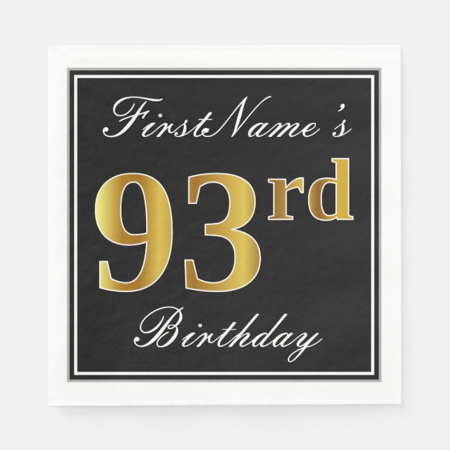 Elegant, Faux Gold 93rd Birthday + Custom Name Napkin (Front)