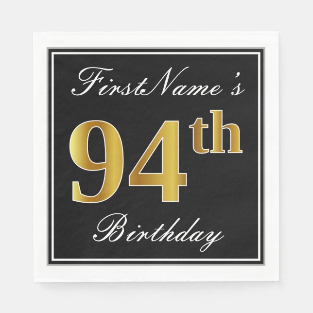 Elegant, Faux Gold 94th Birthday + Custom Name Napkin (Front)