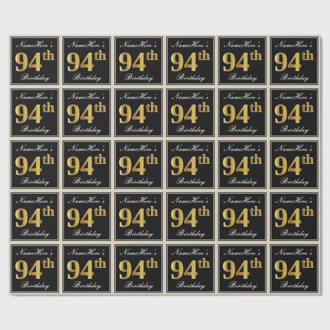 Elegant, Faux Gold 94th Birthday + Custom Name Wrapping Paper (Flat)