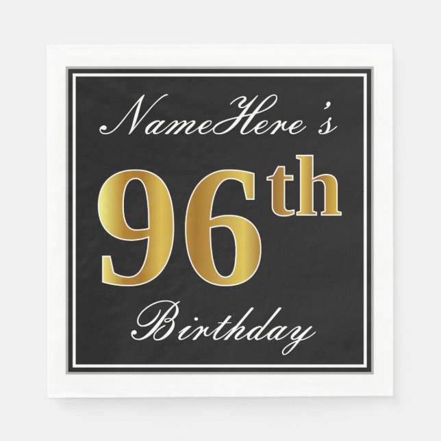 Elegant, Faux Gold 96th Birthday + Custom Name Napkin (Front)