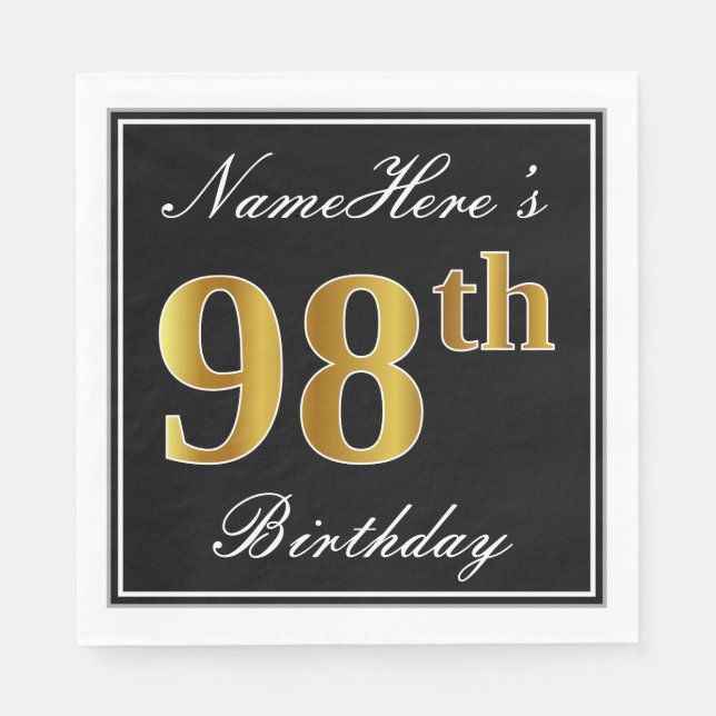 Elegant, Faux Gold 98th Birthday + Custom Name Napkin (Front)