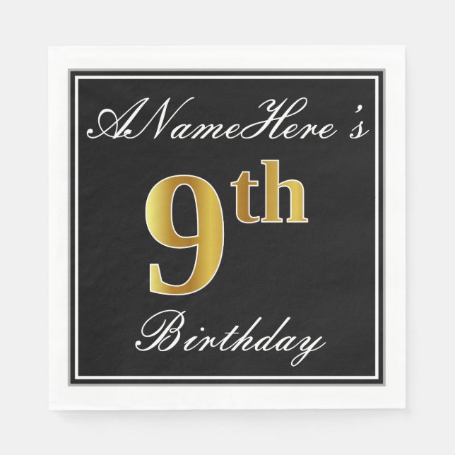 Elegant, Faux Gold 9th Birthday + Custom Name Napkin (Front)