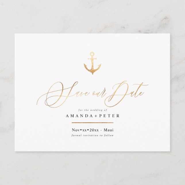 Elegant Faux Gold Anchor, Nautical Save the Date Postcard (Front)