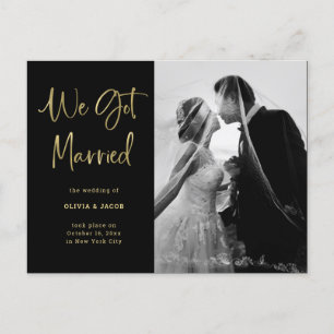 Elegant Faux Gold and Black Photo Wedding Announcement Postcard