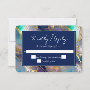 Elegant Faux Gold and Blue Opal Stone Wedding RSVP Card
