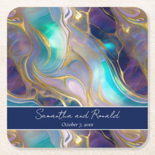 Elegant Faux Gold and Blue Opal Stone Wedding Square Paper Coaster