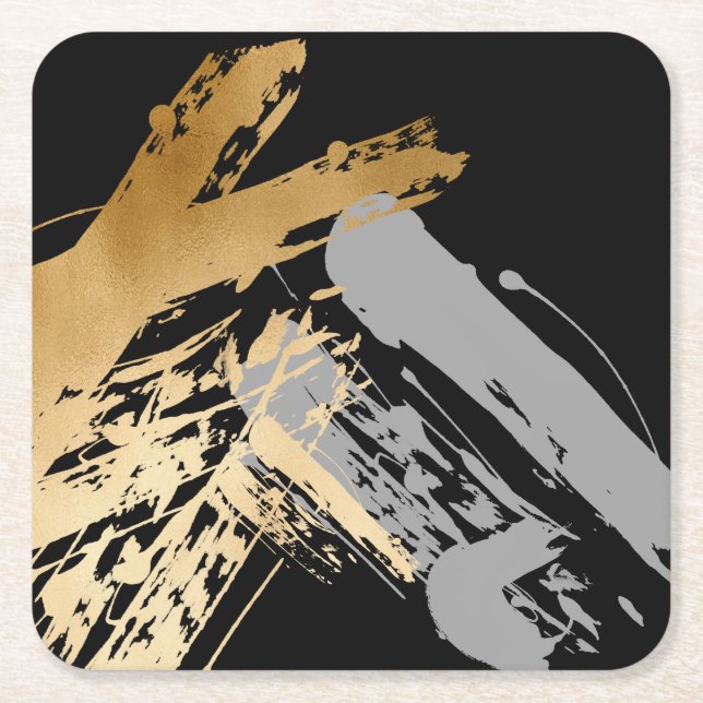 elegant faux gold and grey brushstrokes square paper coaster (Front)