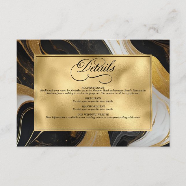 Elegant Faux Gold, Black and White Marbled Wedding Enclosure Card (Front)