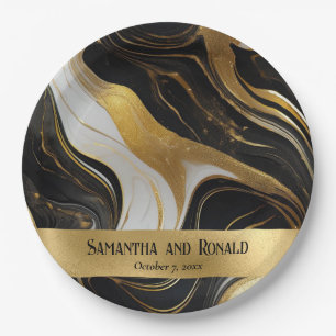 Elegant Faux Gold, Black and White Marbled Wedding Paper Plate
