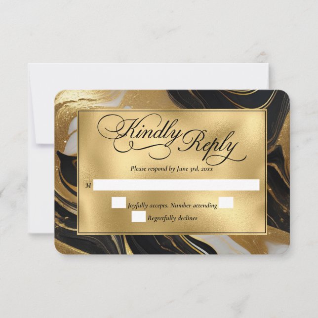 Elegant Faux Gold, Black and White Marbled Wedding RSVP Card (Front)
