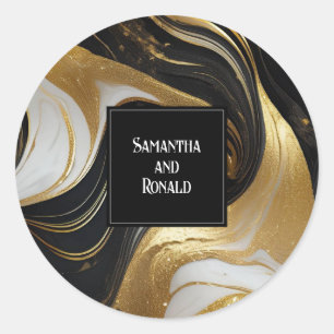 Elegant Faux Gold, Black & White Marbled Wedding Classic Round Sticker