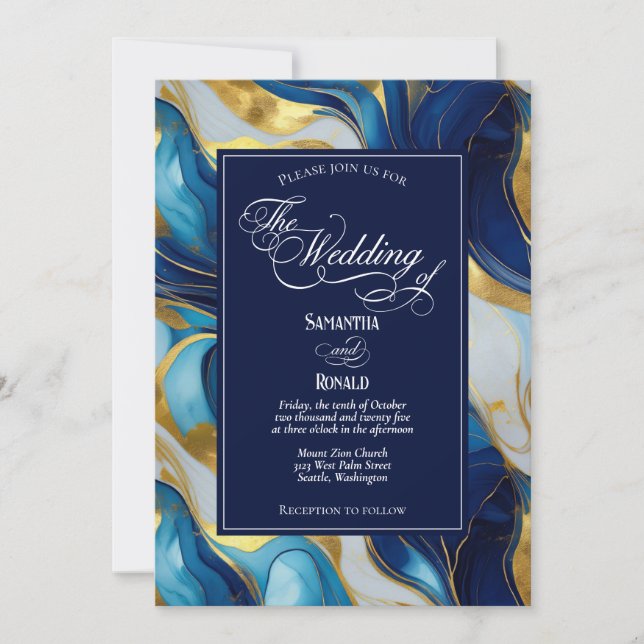 Elegant Faux Gold, Blue and White Marbled Wedding Invitation (Front)