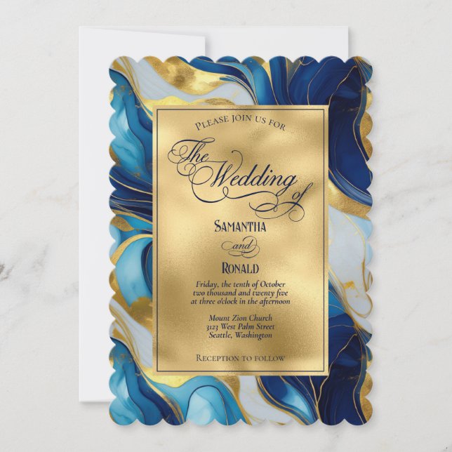 Elegant Faux Gold, Blue and White Marbled Wedding Invitation (Front)