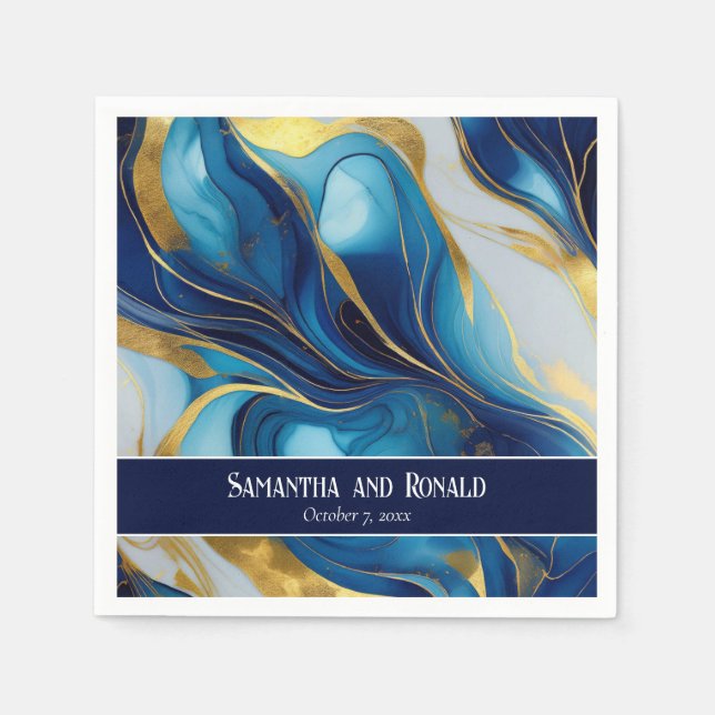 Elegant Faux Gold, Blue and White Marbled Wedding  Napkin (Front)