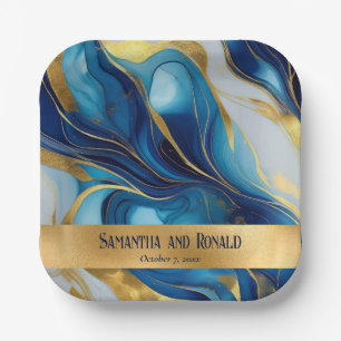 Elegant Faux Gold, Blue and White Marbled Wedding Paper Plate