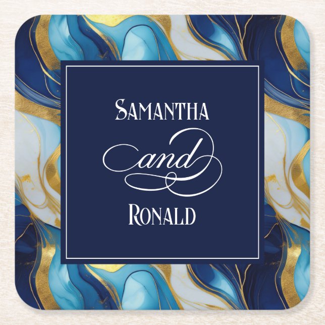 Elegant Faux Gold, Blue and White Marbled Wedding Square Paper Coaster (Front)