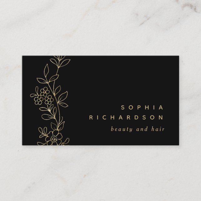 Elegant Faux Gold Botanical on Black Business Card (Front)
