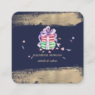 Elegant Faux Gold Brush Stroke Macarons Square Business Card
