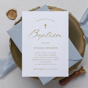 Elegant Faux Gold Calligraphy and Cross Baptism Invitation