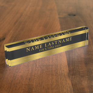 Elegant Faux Gold Classic Name Title Black Nameplate