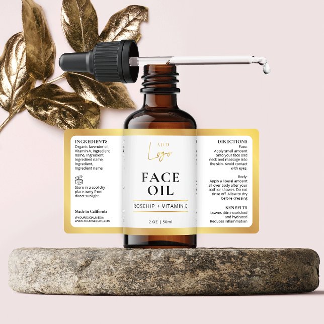Elegant Faux Gold Cosmetic Skincare Bottle Label (Elegant white and faux gold skincare bottle labels with ingredients and space for your logo)