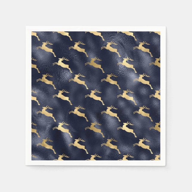 Elegant Faux Gold Deer Blue Faux Foil Christmas  Napkin (Front)