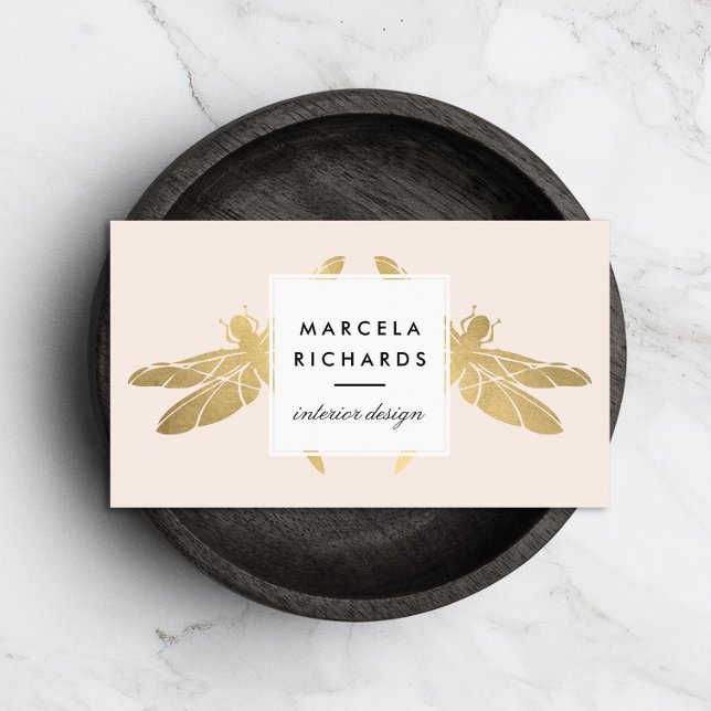 Elegant Faux Gold Dragonfly Duo on Pink Business Card (Creator Uploaded)