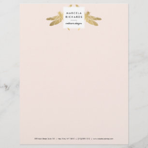 Elegant Faux Gold Dragonfly Duo on Pink Letterhead