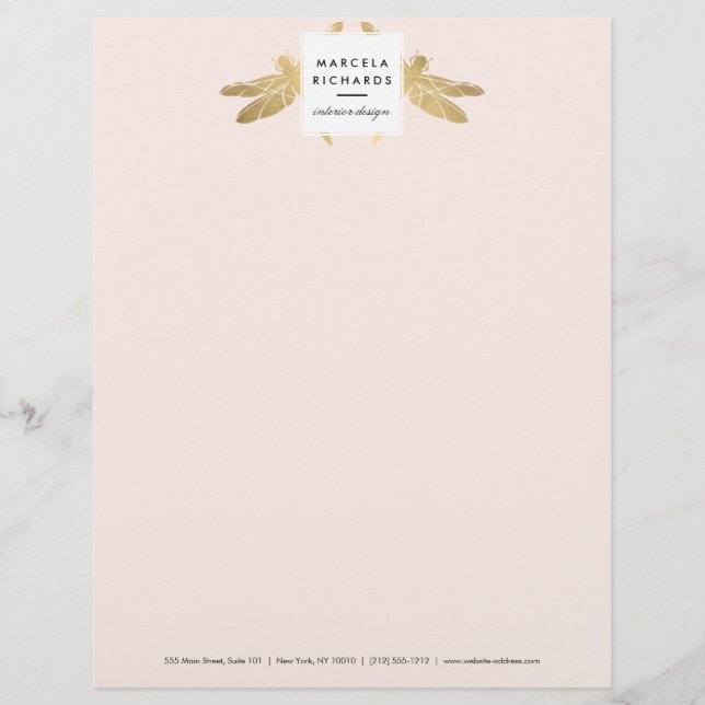 Elegant Faux Gold Dragonfly Duo on Pink Letterhead