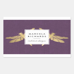 Elegant Faux Gold Dragonfly Duo on Purple Linen Rectangular Sticker